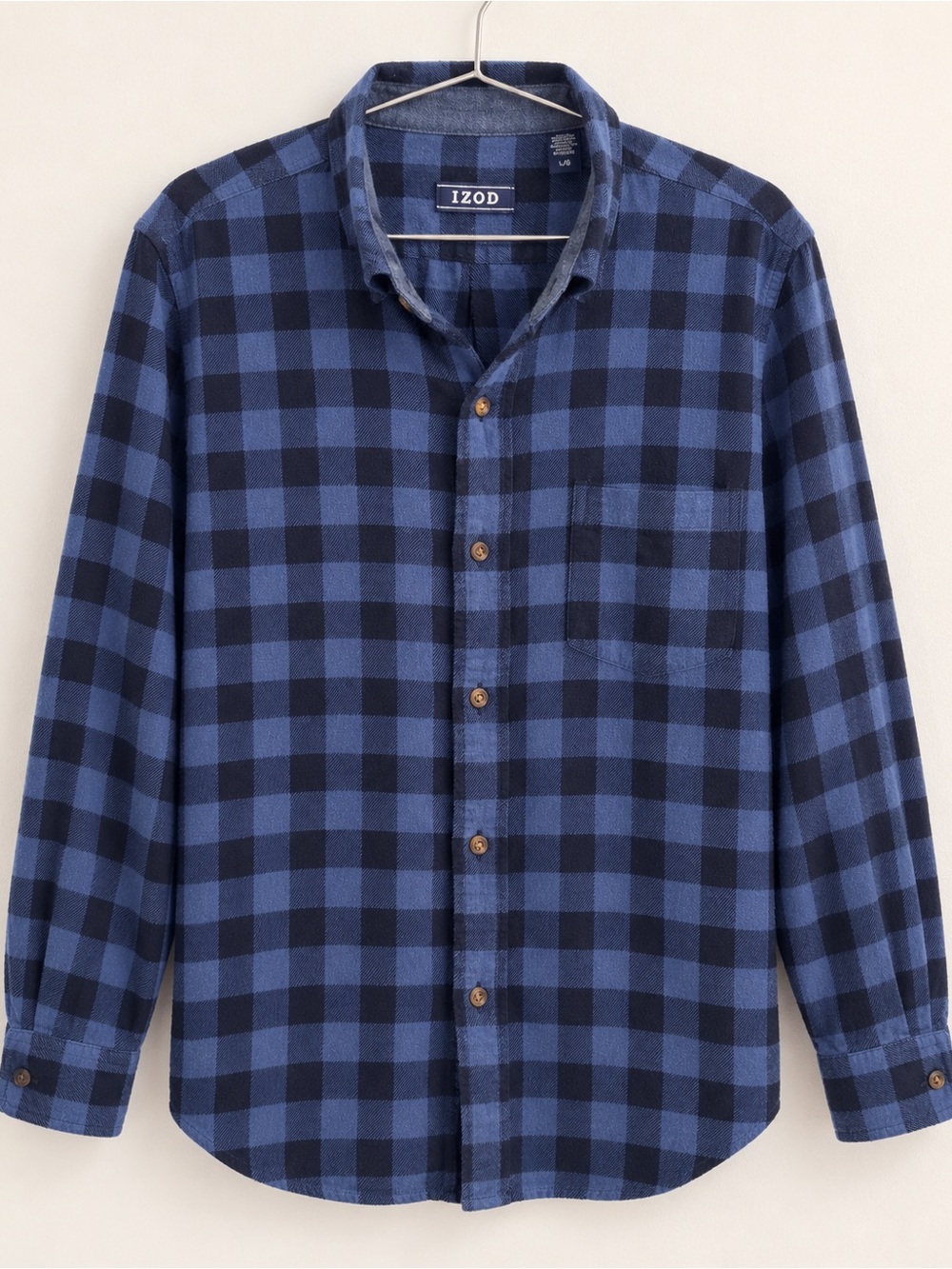 Izod Blue and Black Flannel Plaid Button-Down Shirt (Large)